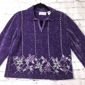 Alfred Dunner Women's Petite Grandmacore Embroidered Pullover Purple Sweater PL
